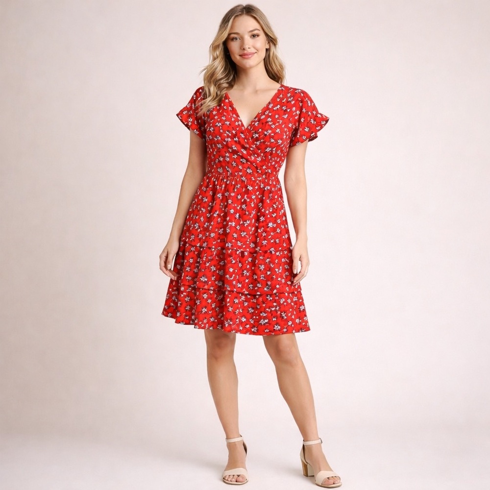 Monteau Los Angeles Red Floral‎ Tiered Mini Dress XS Boho Cottagecore Summer